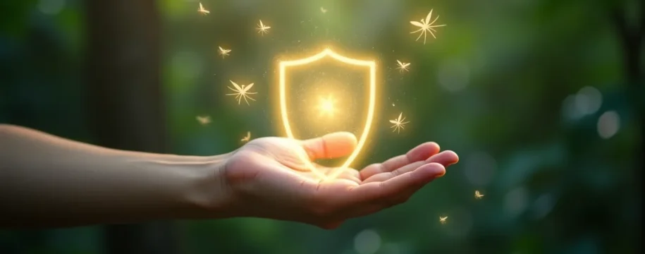 Conceptual image representing skin protection against mosquitoes with natural and chemical repellent elements